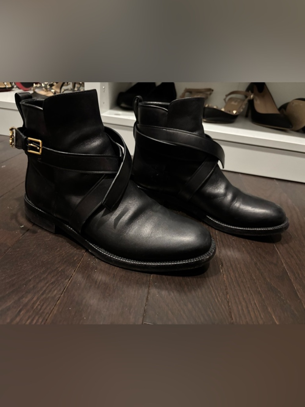 Black Leather Ankle Boots with Wrap Strap - Authentic Burberry.